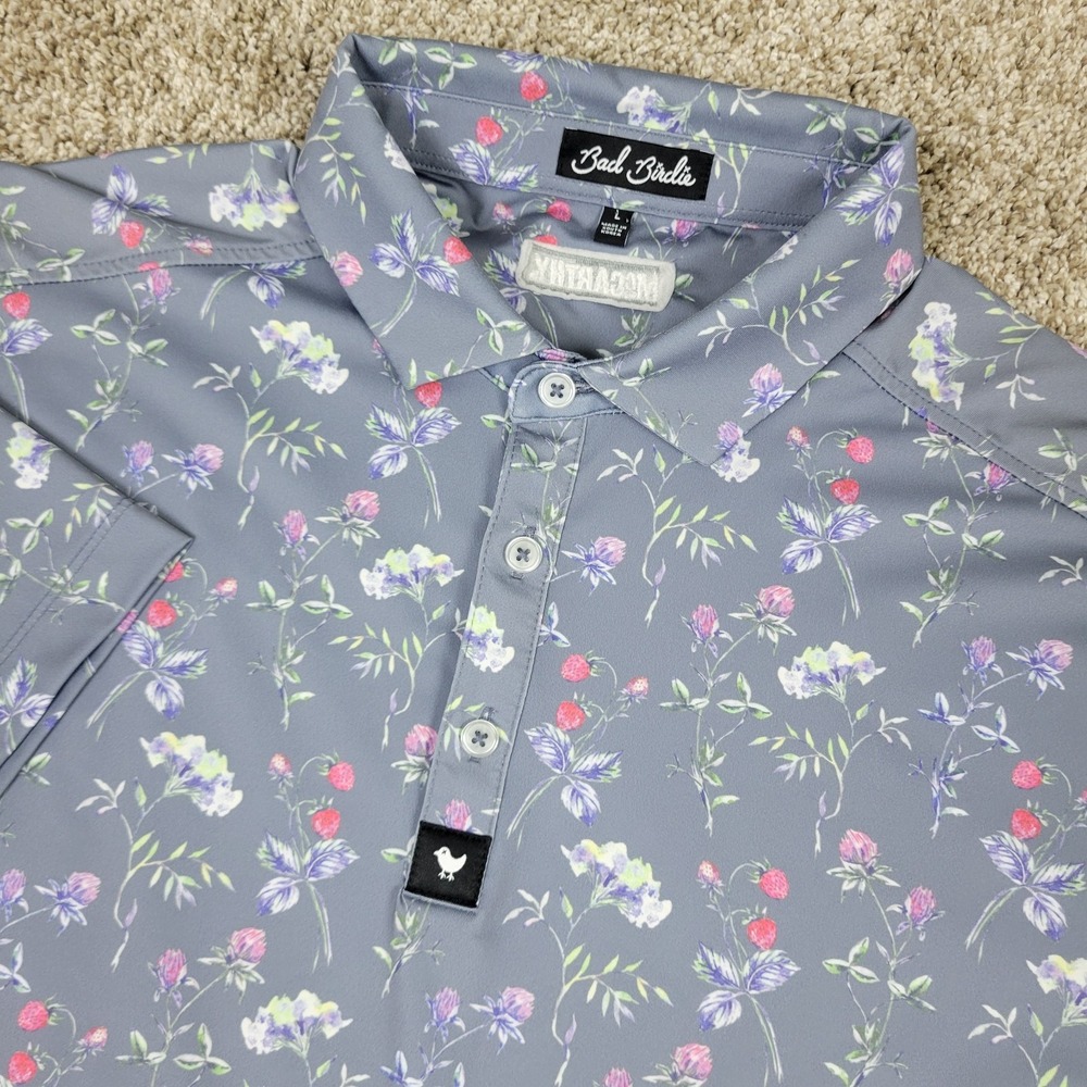 Bad Birdie Mens Large Gray AOP Floral Performance Stretch Golf Polo Short Sleeve